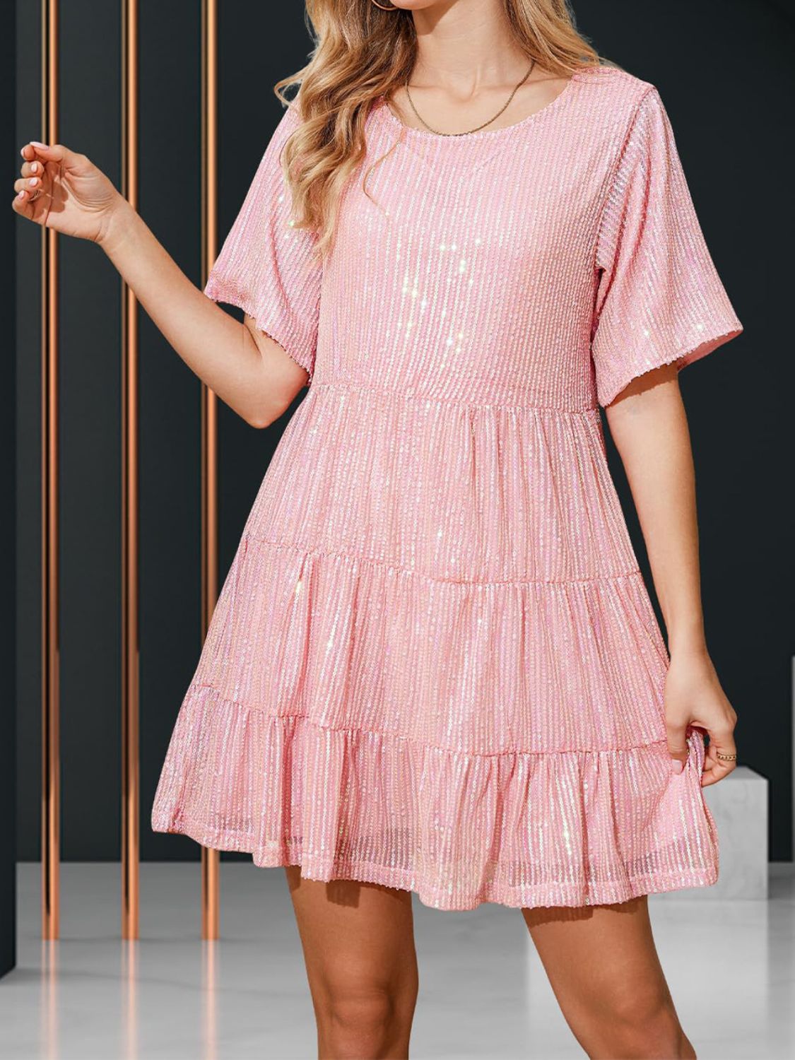 WestCloset Sequin Round Neck Half Sleeve Mini Dress