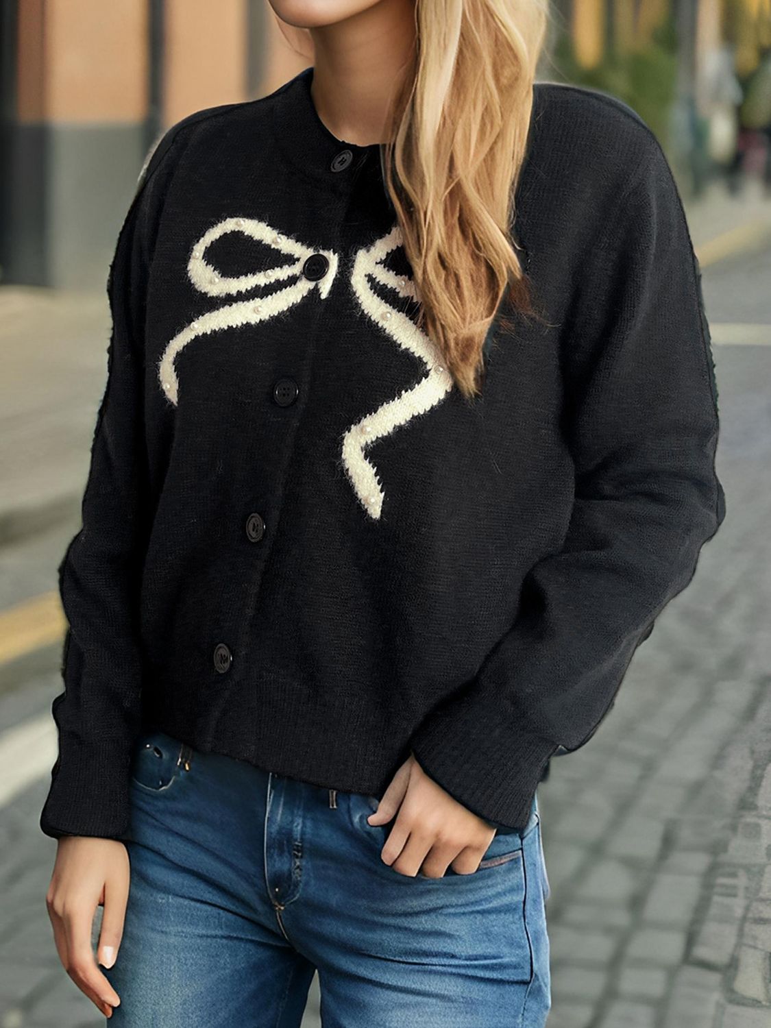 WestCloset Bow Button Down Round Neck Cardigan