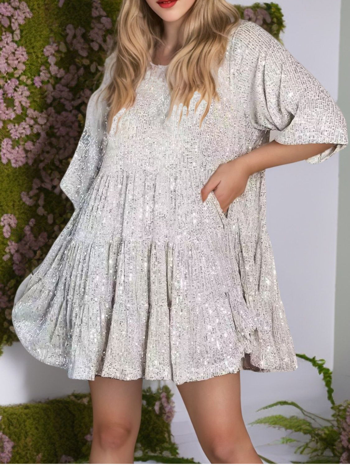 WestCloset Sequin Round Neck Half Sleeve Mini Dress