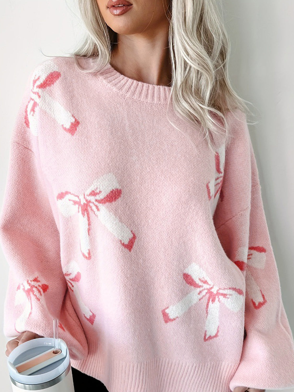 WestCloset Bow Round Neck Long Sleeve Sweater
