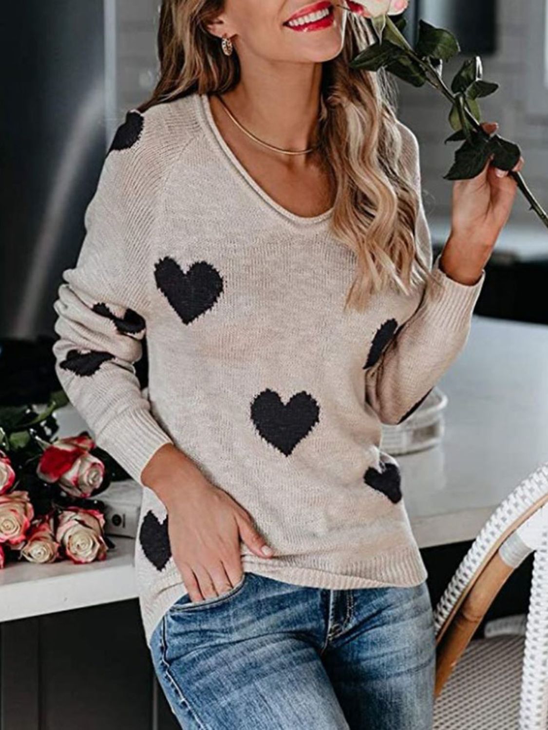 WestCloset Heart Scoop Neck Long Sleeve Sweater