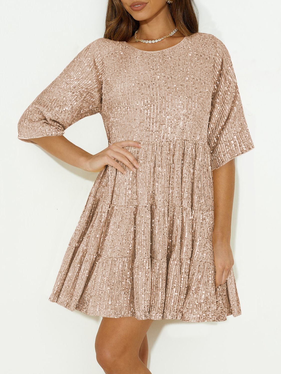 WestCloset Sequin Round Neck Half Sleeve Mini Dress