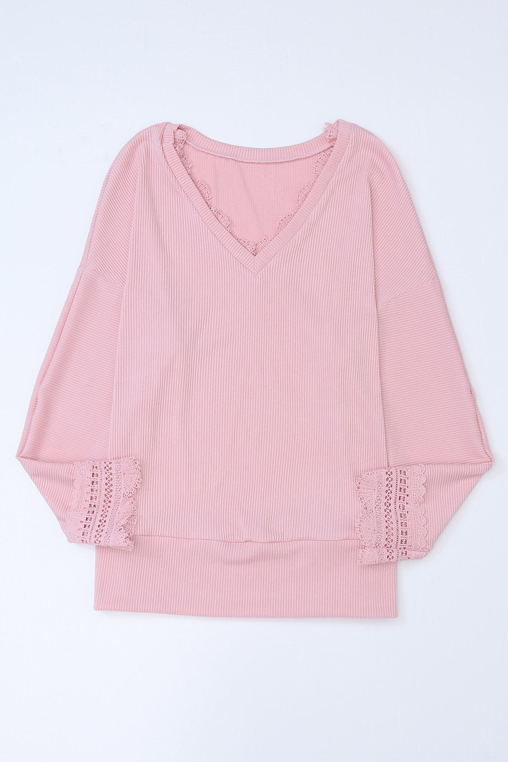 WestCloset Lace Detail V-Neck Long Sleeve T-Shirt