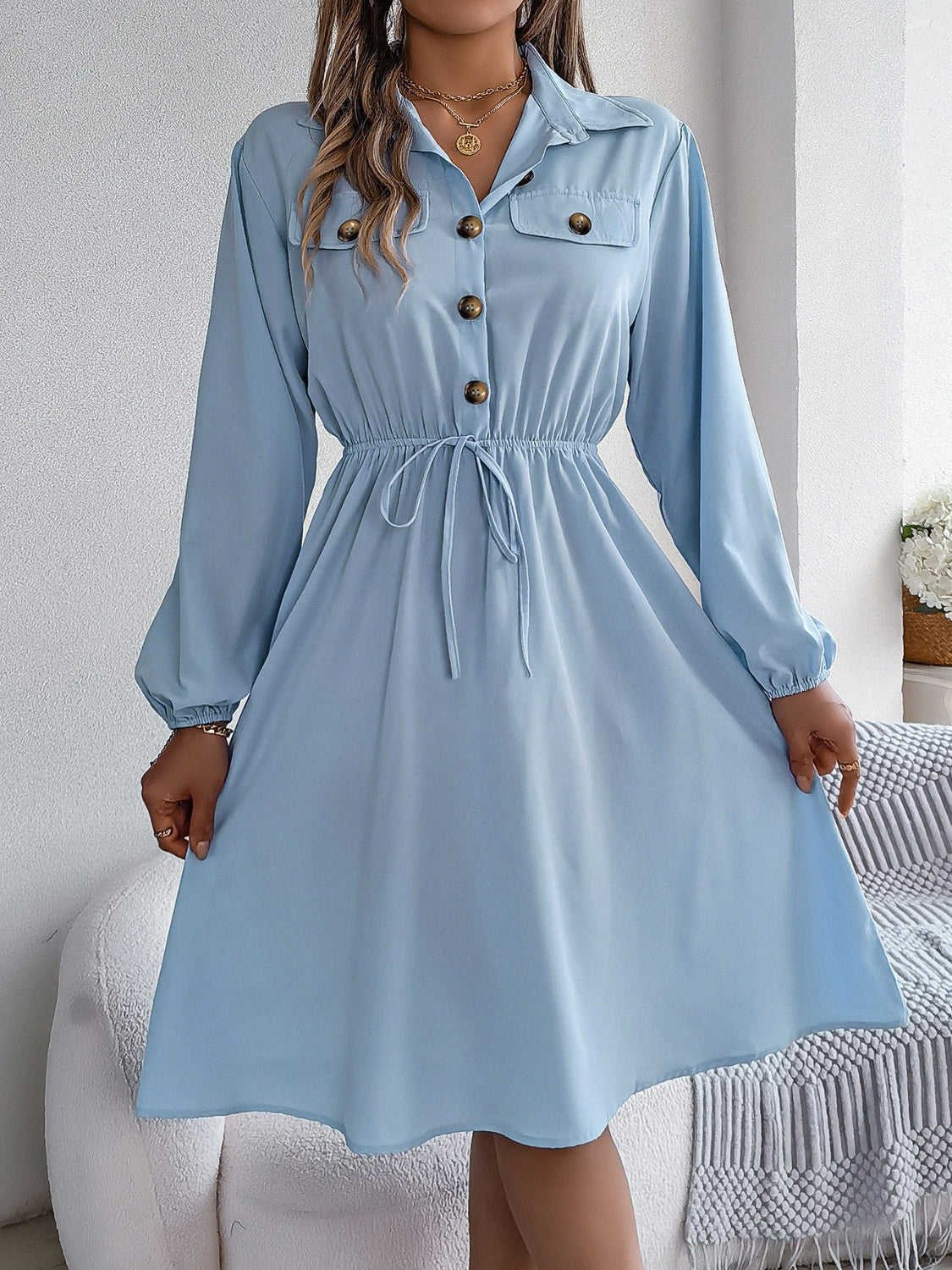 Collared Neck Long Sleeve Dress with Pockets | WESTCLOSET