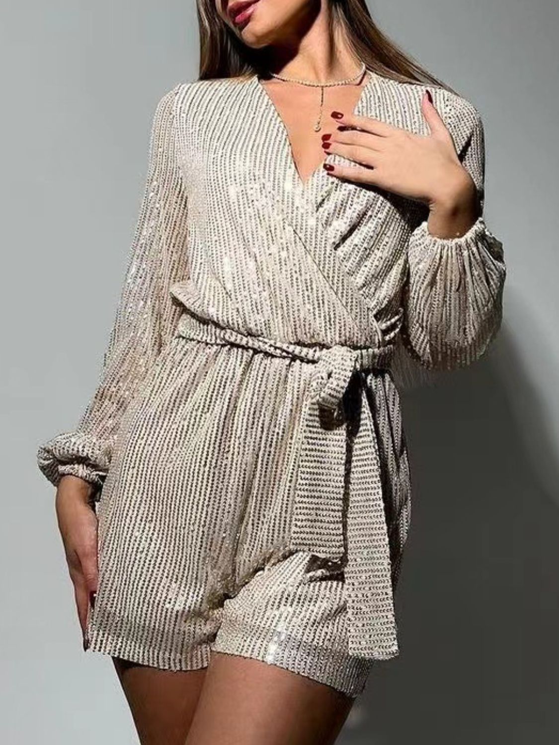 WestCloset Full Size Sequin Surplice Tie Waist Long Sleeve Romper