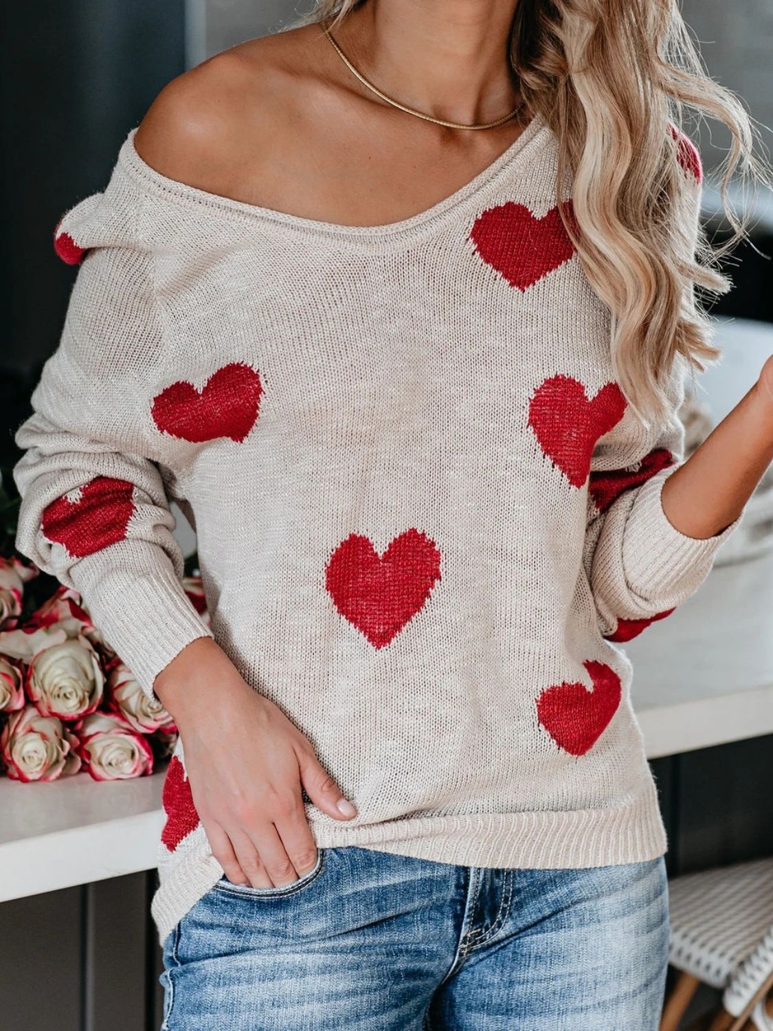 WestCloset Heart Scoop Neck Long Sleeve Sweater