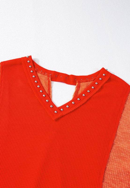 WestCloset Studded Waffle-Knit V-Neck Long Sleeve Top
