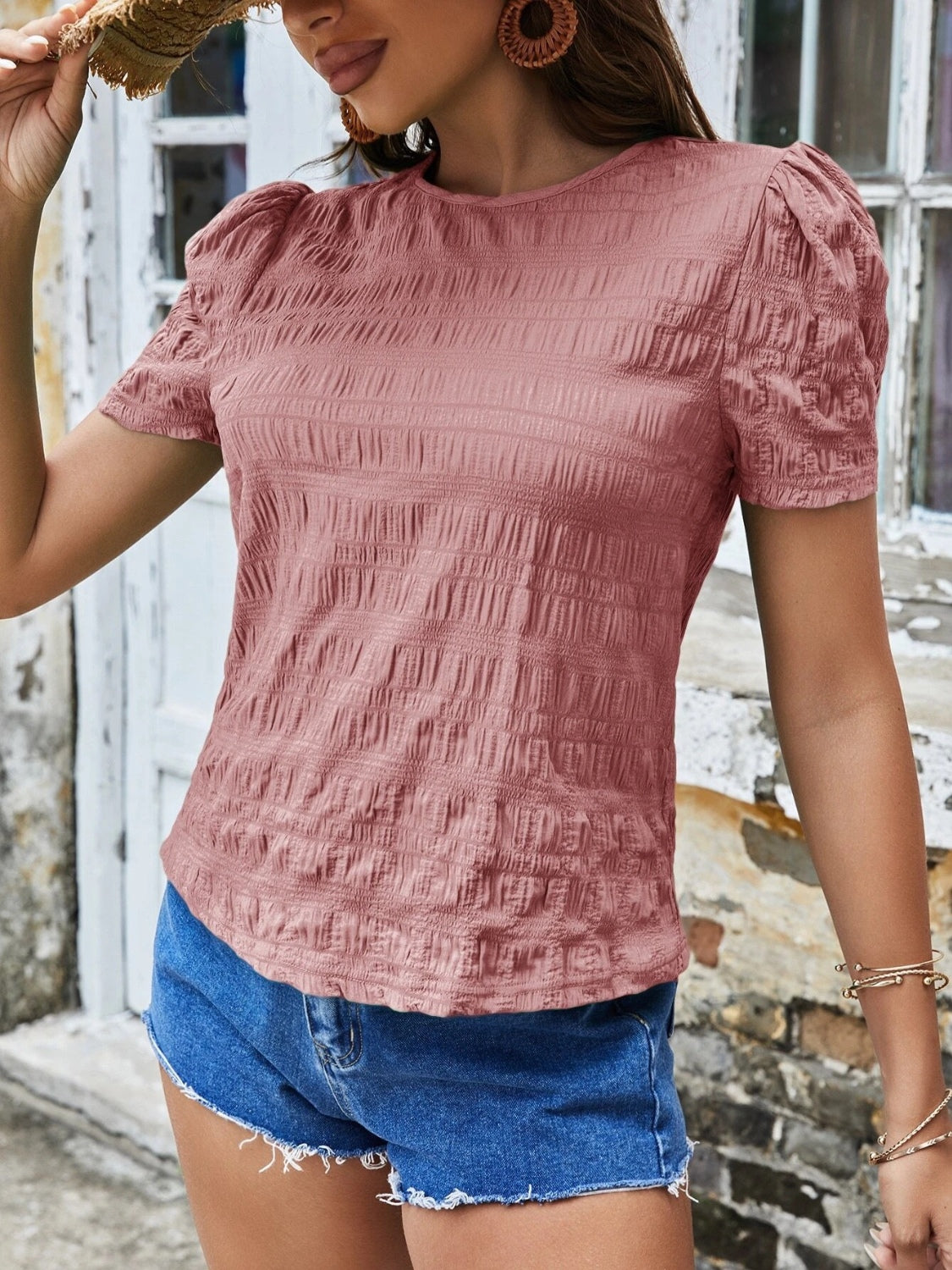 Ruched Round Neck Short Sleeve T-Shirt