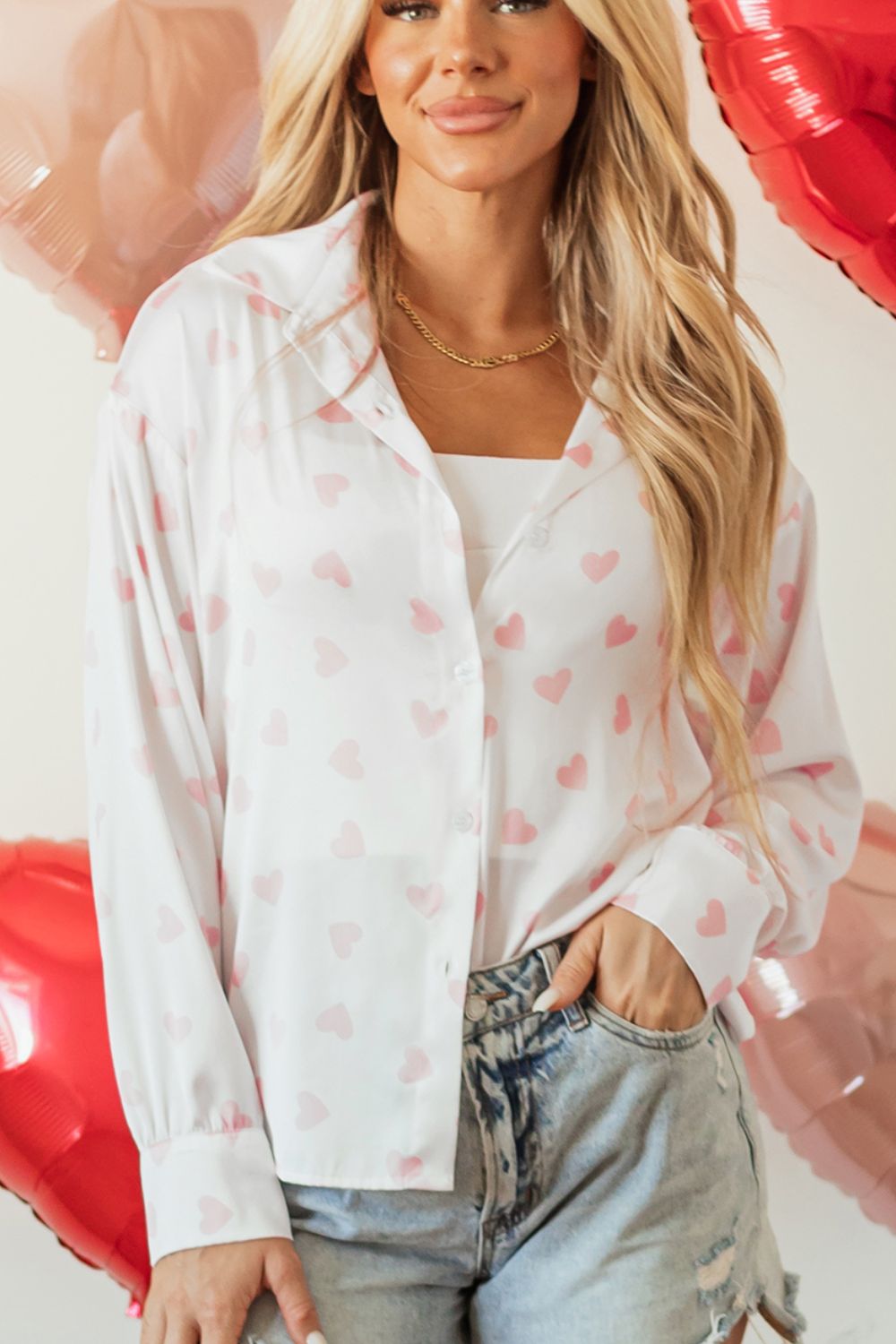 WestCloset Heart Print Collared Neck Long Sleeve Shirt