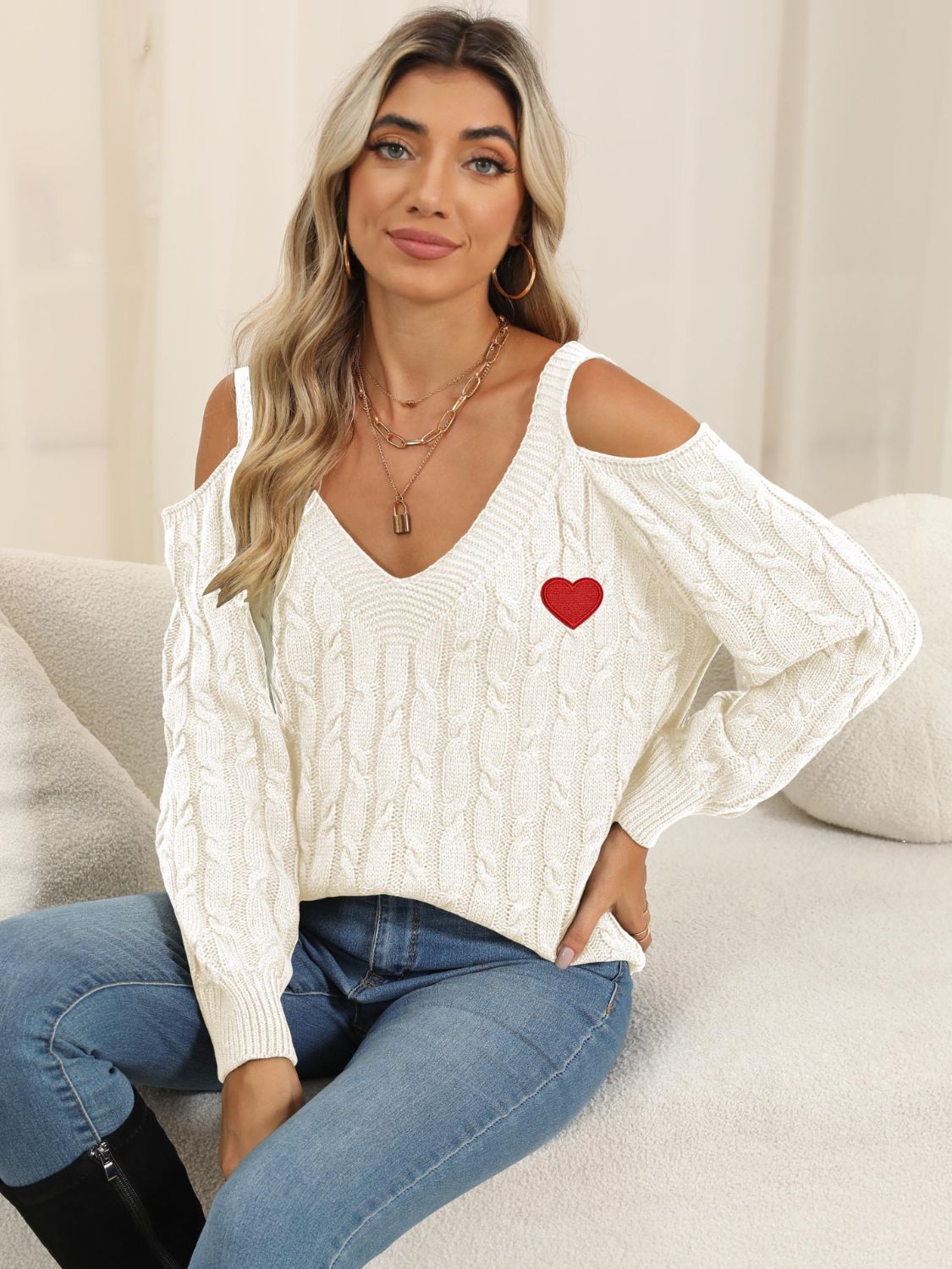 WestCloset Cable-Knit Heart V-Neck Sweater