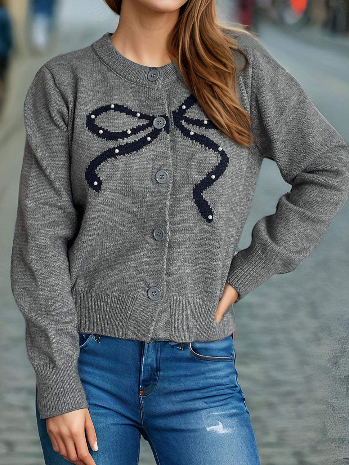 WestCloset Bow Button Down Round Neck Cardigan