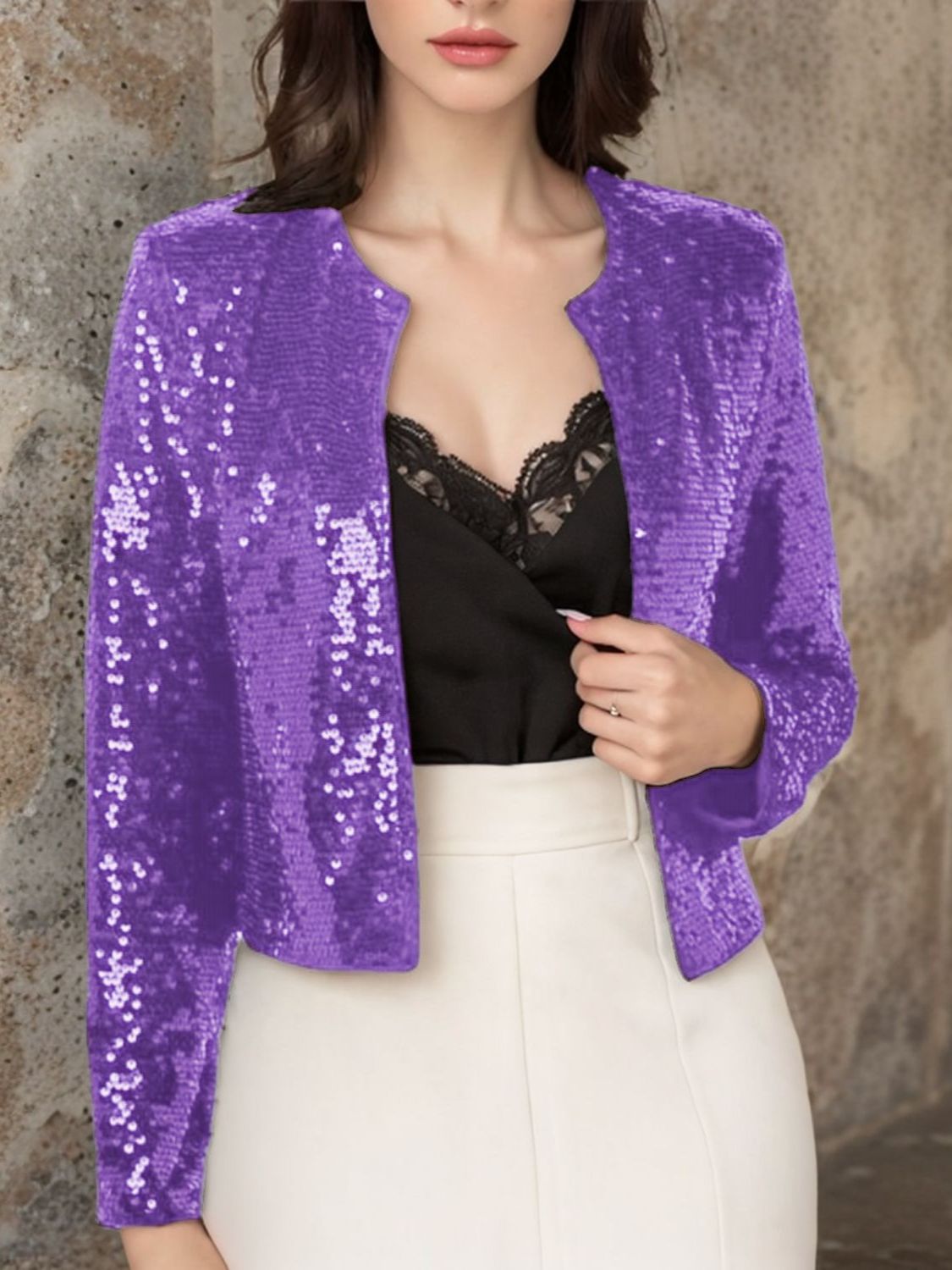 WestCloset Full Size Sequin Open Front Cropped Jacket
