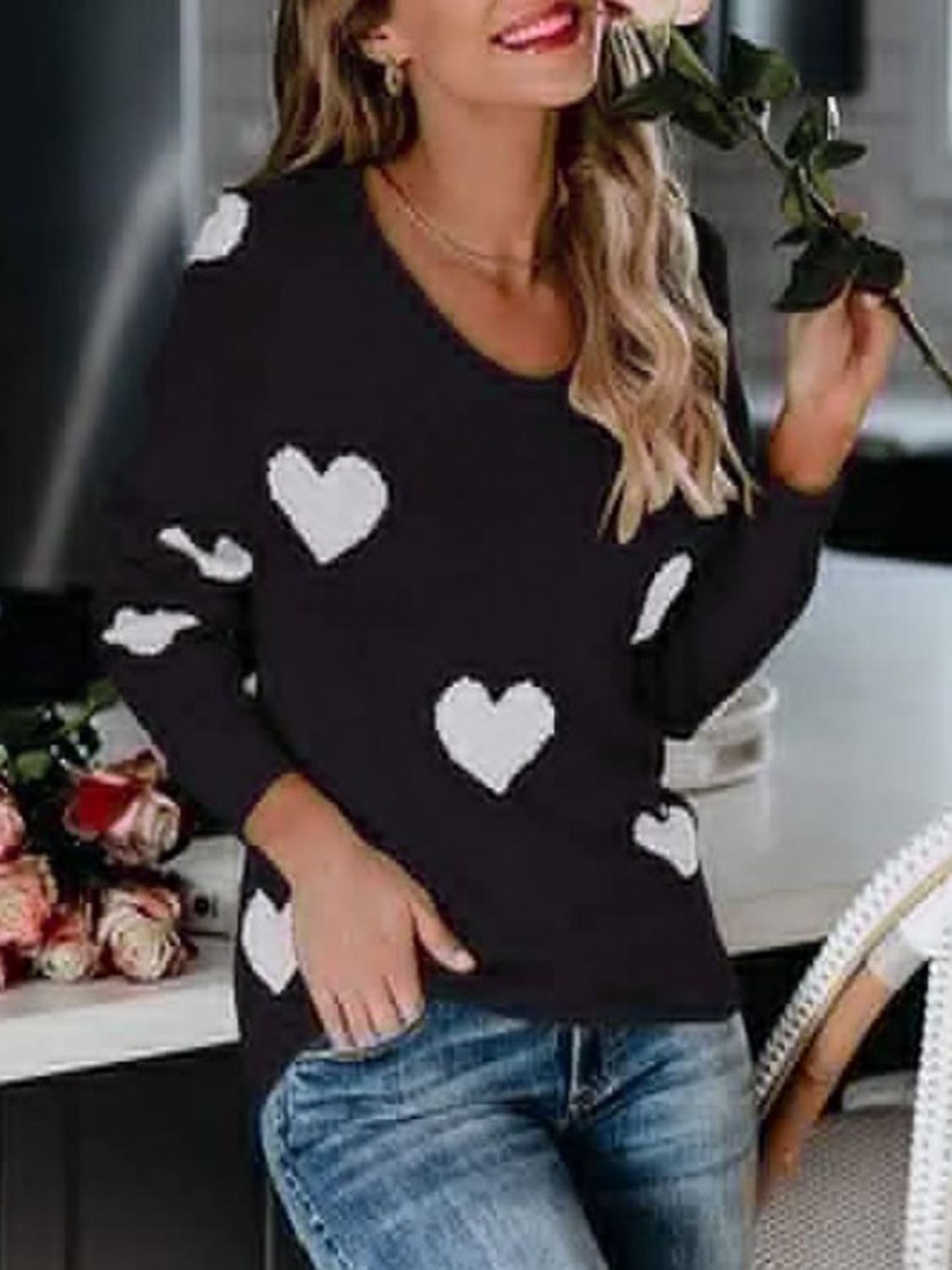 WestCloset Heart Scoop Neck Long Sleeve Sweater