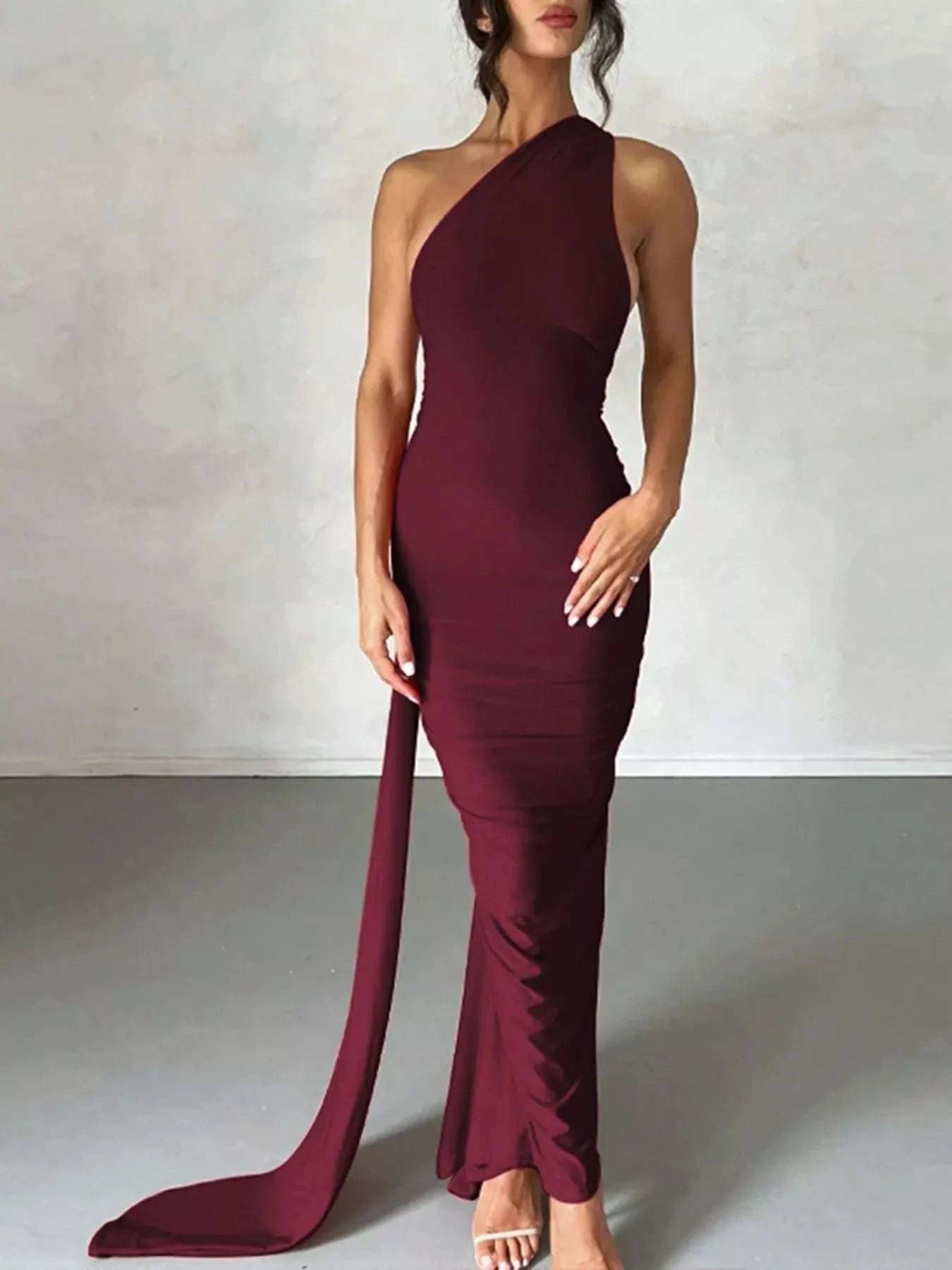 ruched bodycon maxi dress Fashion Elegant Maxi Dress for Women Sexy One Shoulder Bodycon Slim Pleated Solid Backless Dresses Party Club Clothes 6 red / L