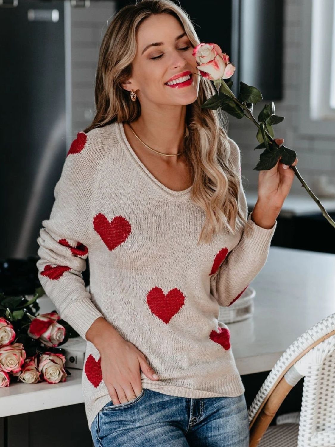 WestCloset Heart Scoop Neck Long Sleeve Sweater