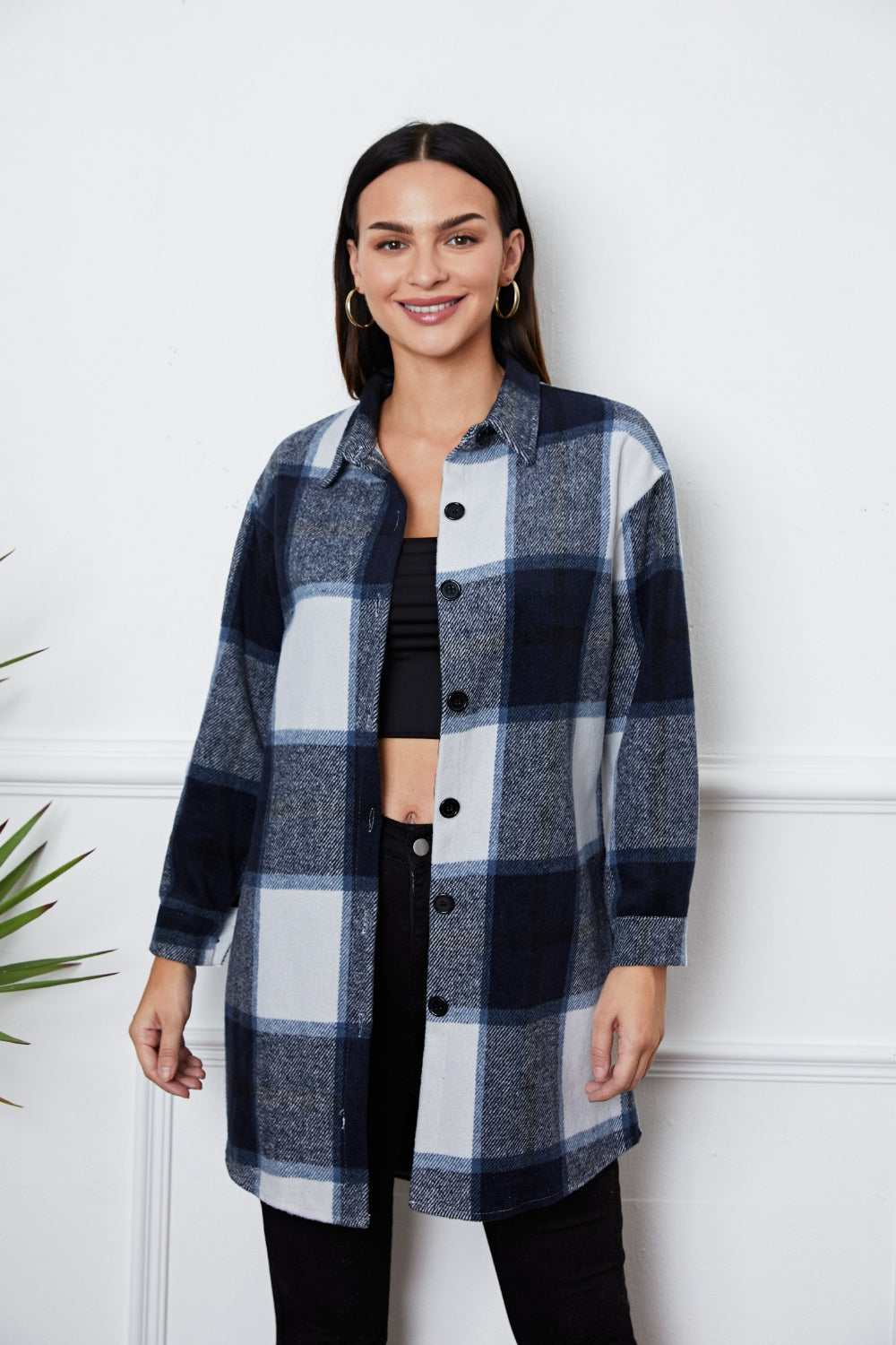 Plaid Button Up Collared Neck Outerwear