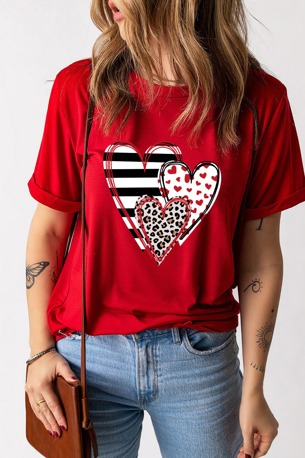 WestCloset Heart Round Neck Short Sleeve T-Shirt