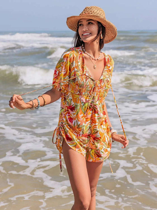 Smocked Printed Tie Neck Romper WESTCLOSET