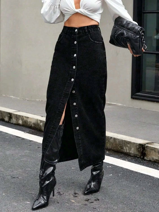 Button Front Denim Skirt WESTCLOSET