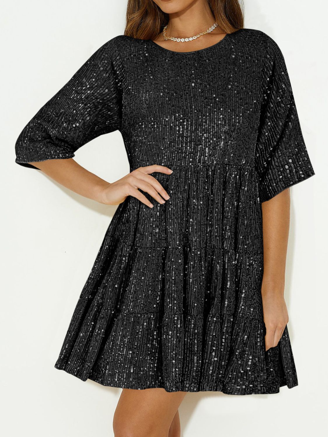 WestCloset Sequin Round Neck Half Sleeve Mini Dress