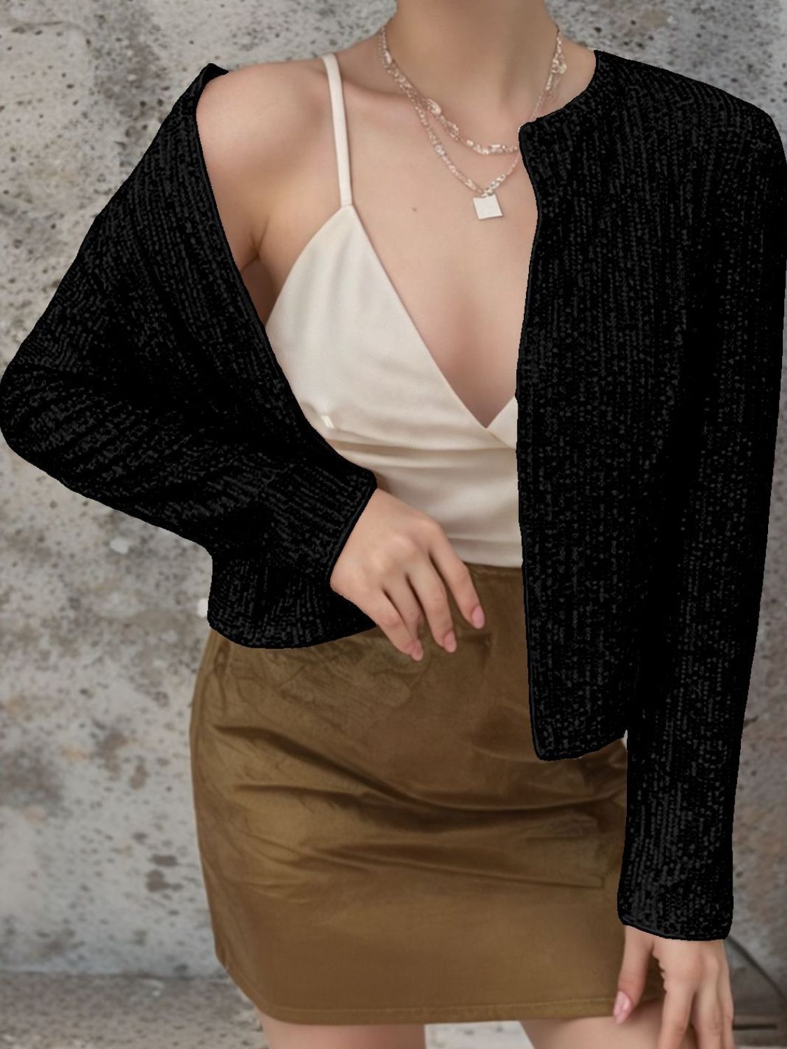 WestCloset Full Size Sequin Open Front Cropped Jacket