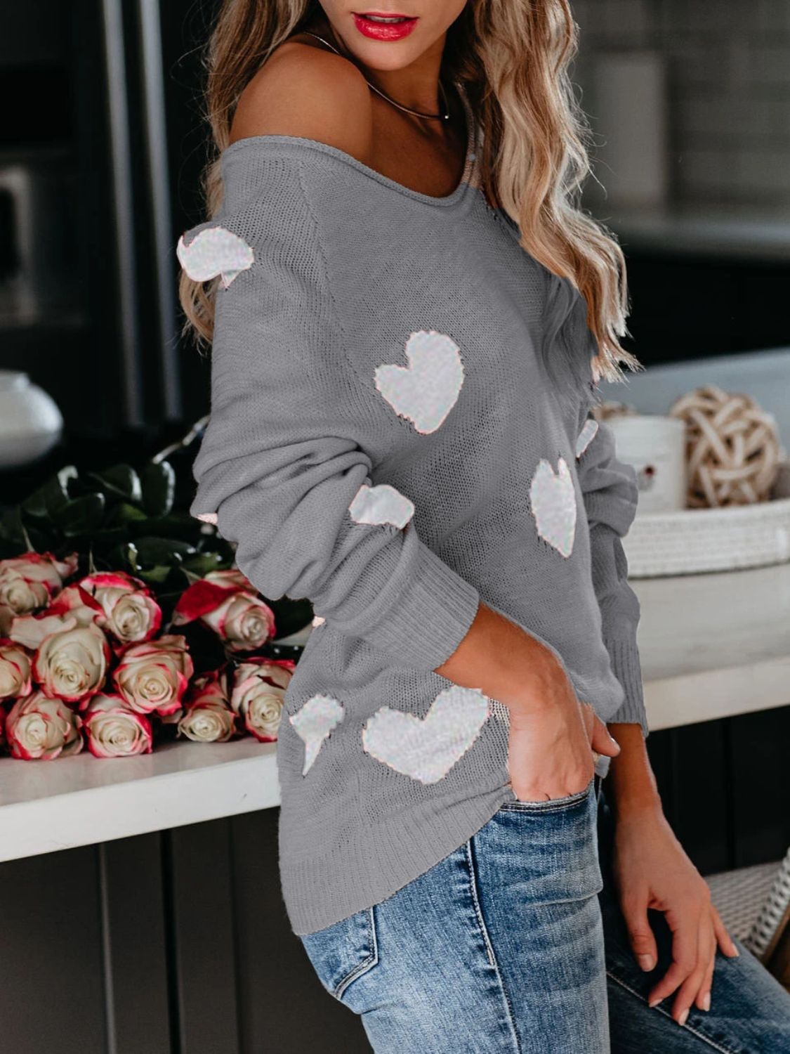 WestCloset Heart Scoop Neck Long Sleeve Sweater