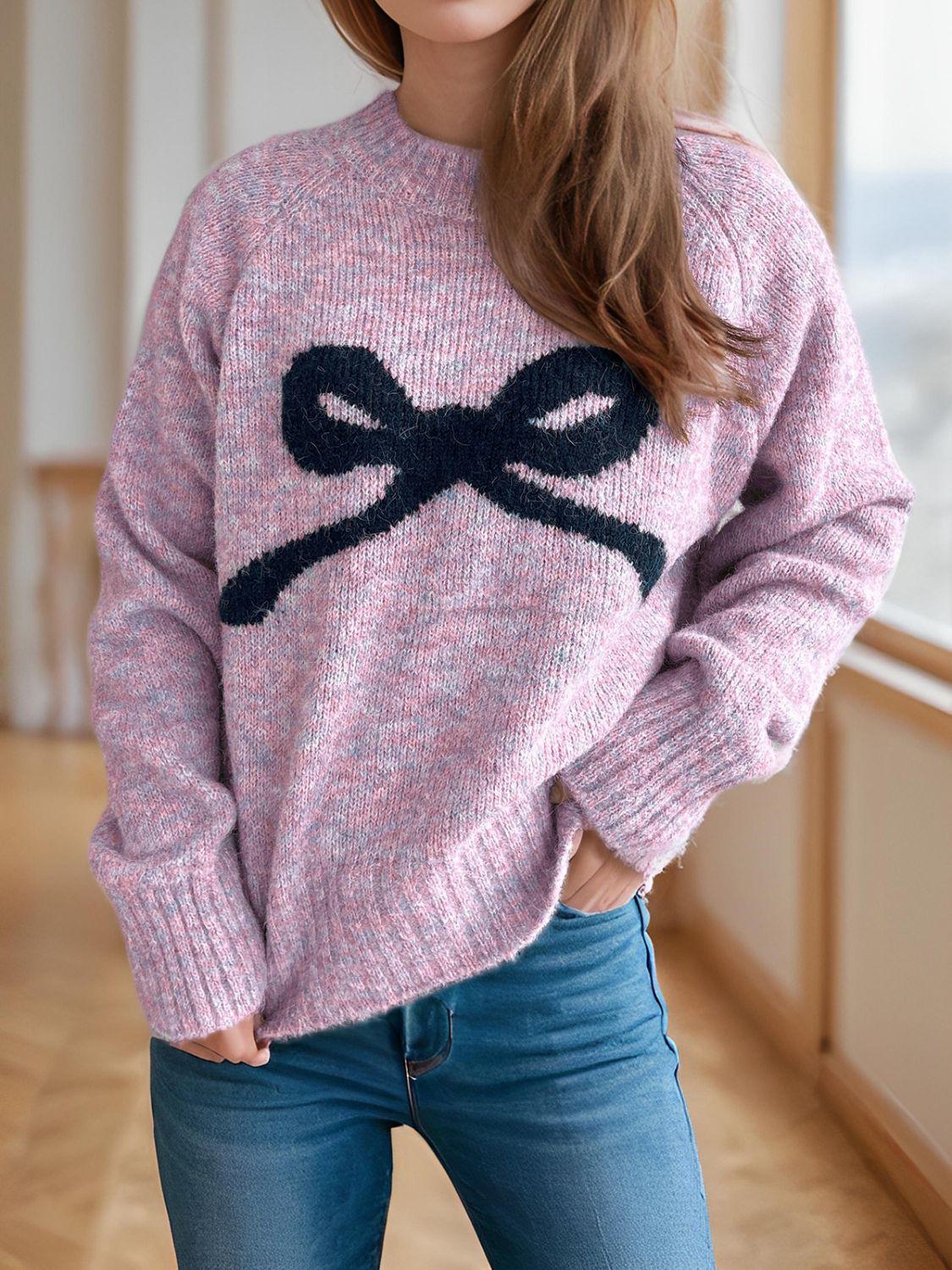 WestCloset Bow Round Neck Long Sleeve Sweater