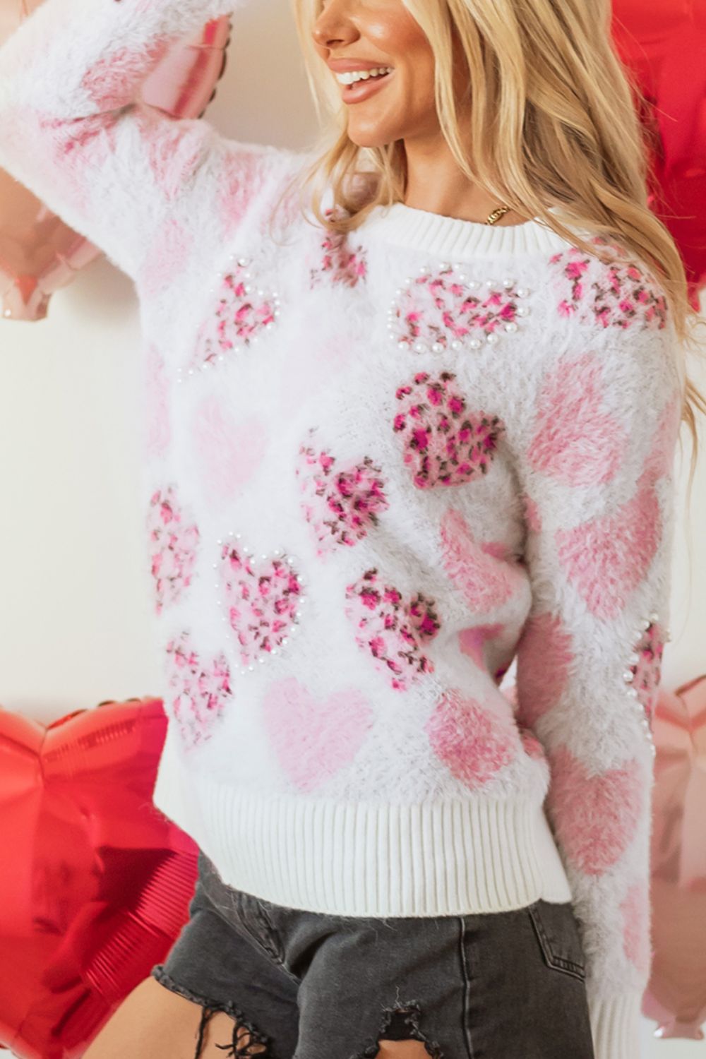 WestCloset Pearl Detail Heart Round Neck Sweater