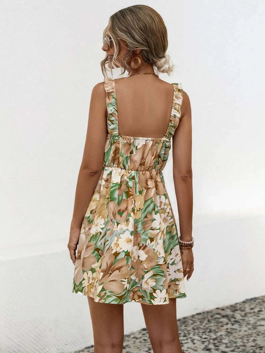 Printed Ruffled Surplice Wide Strap Mini Dress WESTCLOSET