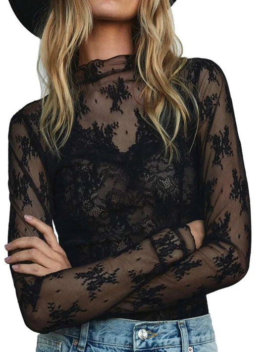 Lace Mock Neck Long Sleeve Blouse WESTCLOSET