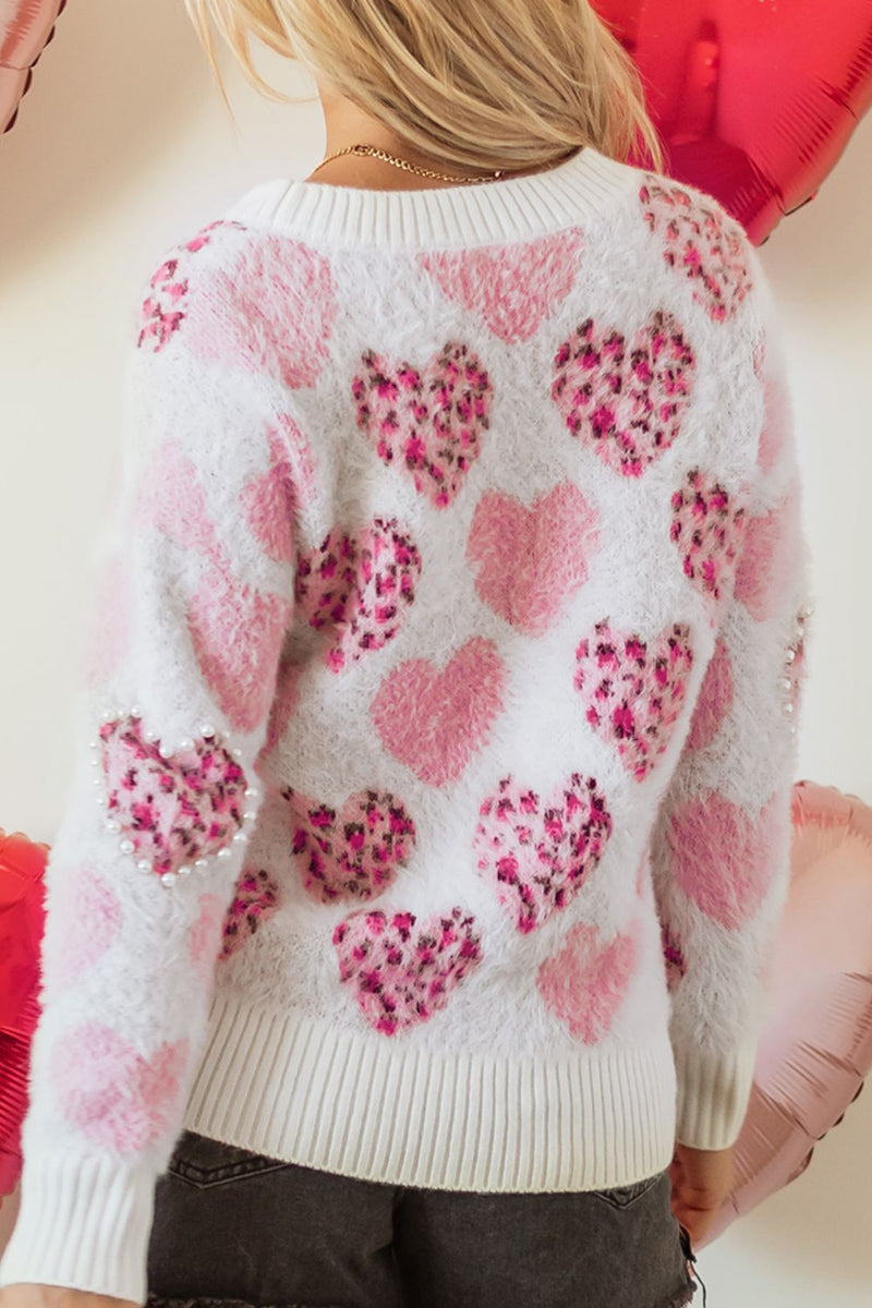 WestCloset Pearl Detail Heart Round Neck Sweater