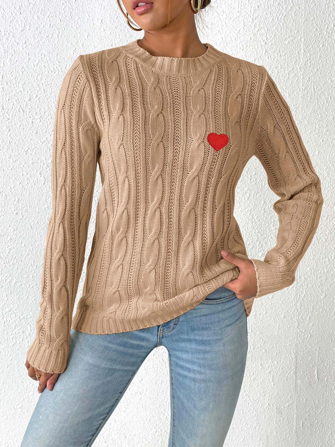 WestCloset Cable-Knit Heart Round Neck Long Sleeve Sweater