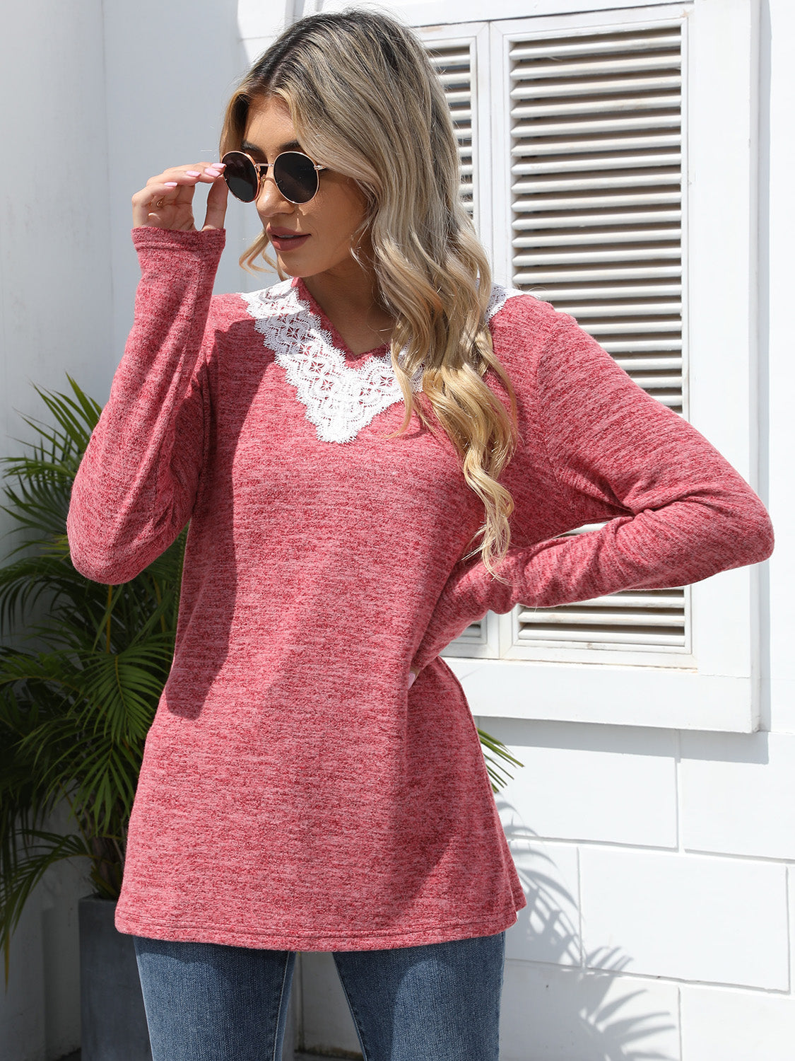 WestCloset Lace Detail V-Neck Long Sleeve T-Shirt