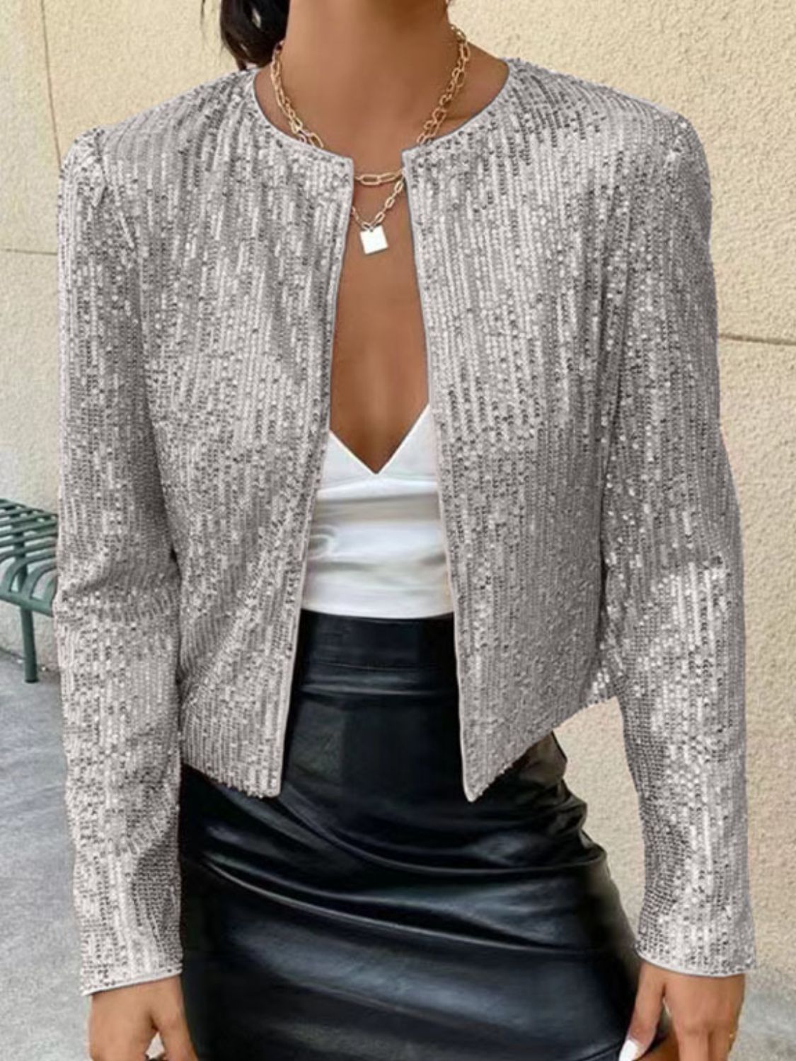 WestCloset Full Size Sequin Open Front Cropped Jacket