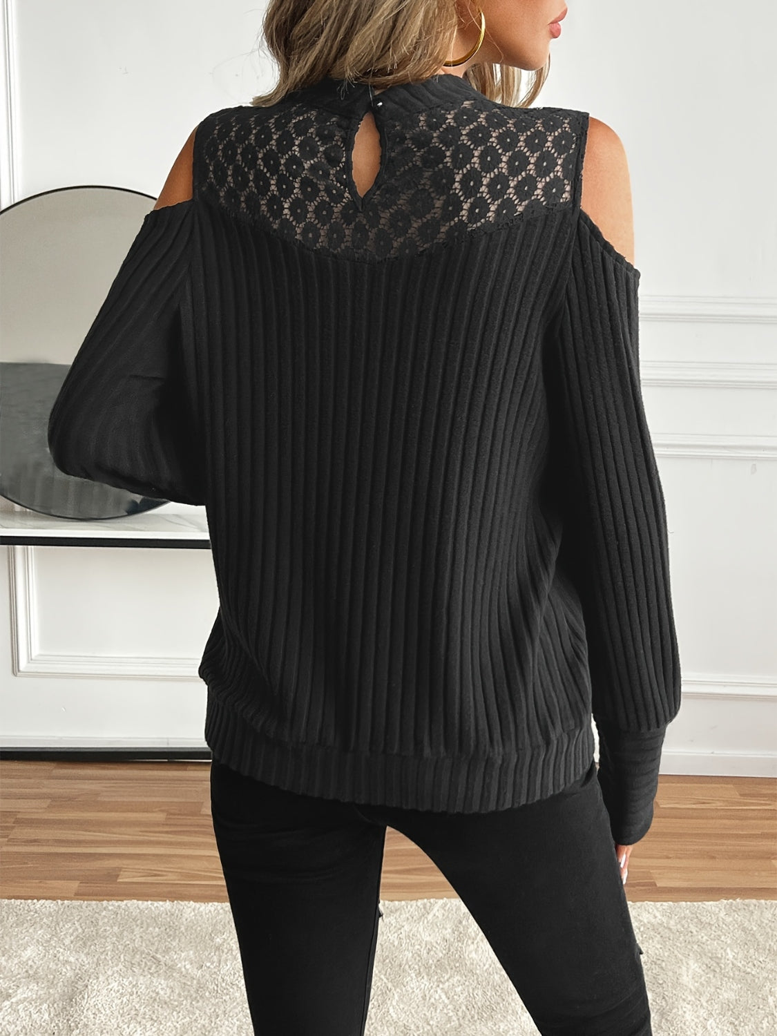 WestCloset Lace Detail Mock Neck Cold Shoulder T-Shirt
