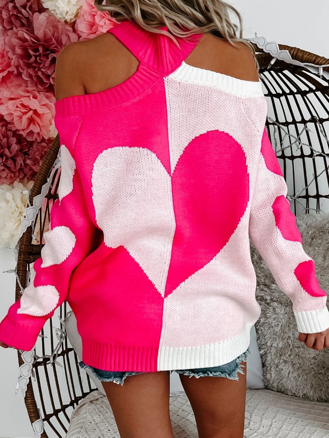 WestCloset Valentine's Day Heart Turtleneck Cold Shoulder Sweater