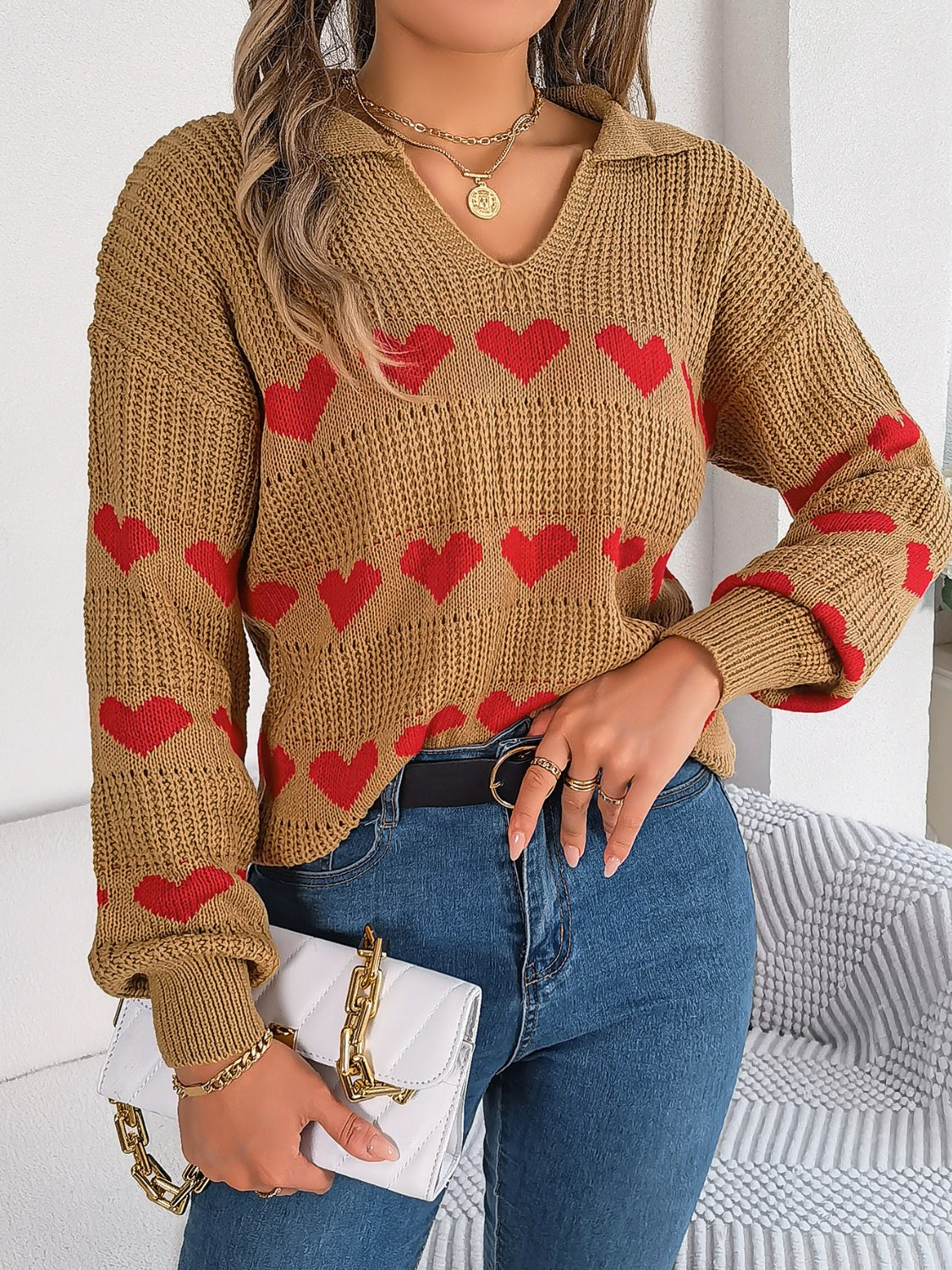 WestCloset Heart Johnny Collar Long Sleeve Sweater