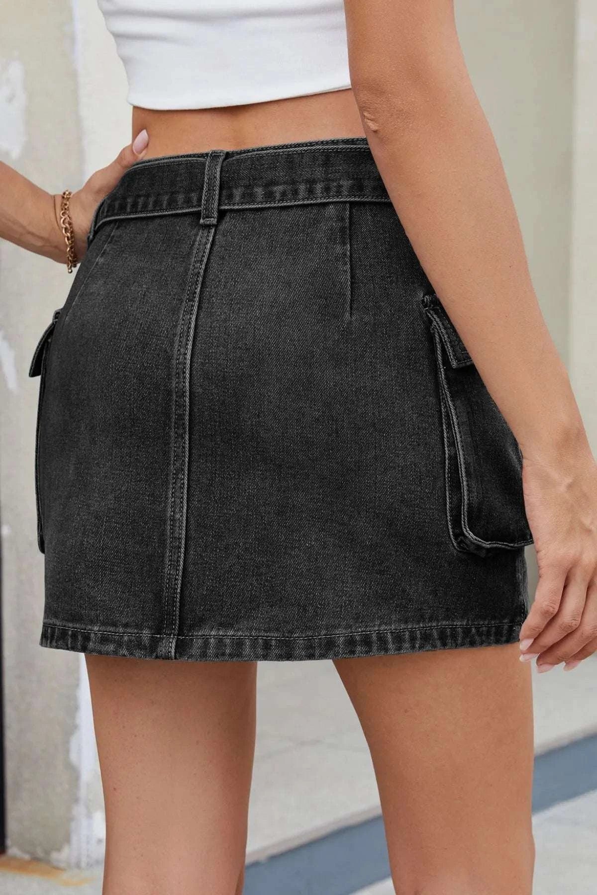 Criss-Cross Waist Detail Denim Mini Skirt WESTCLOSET