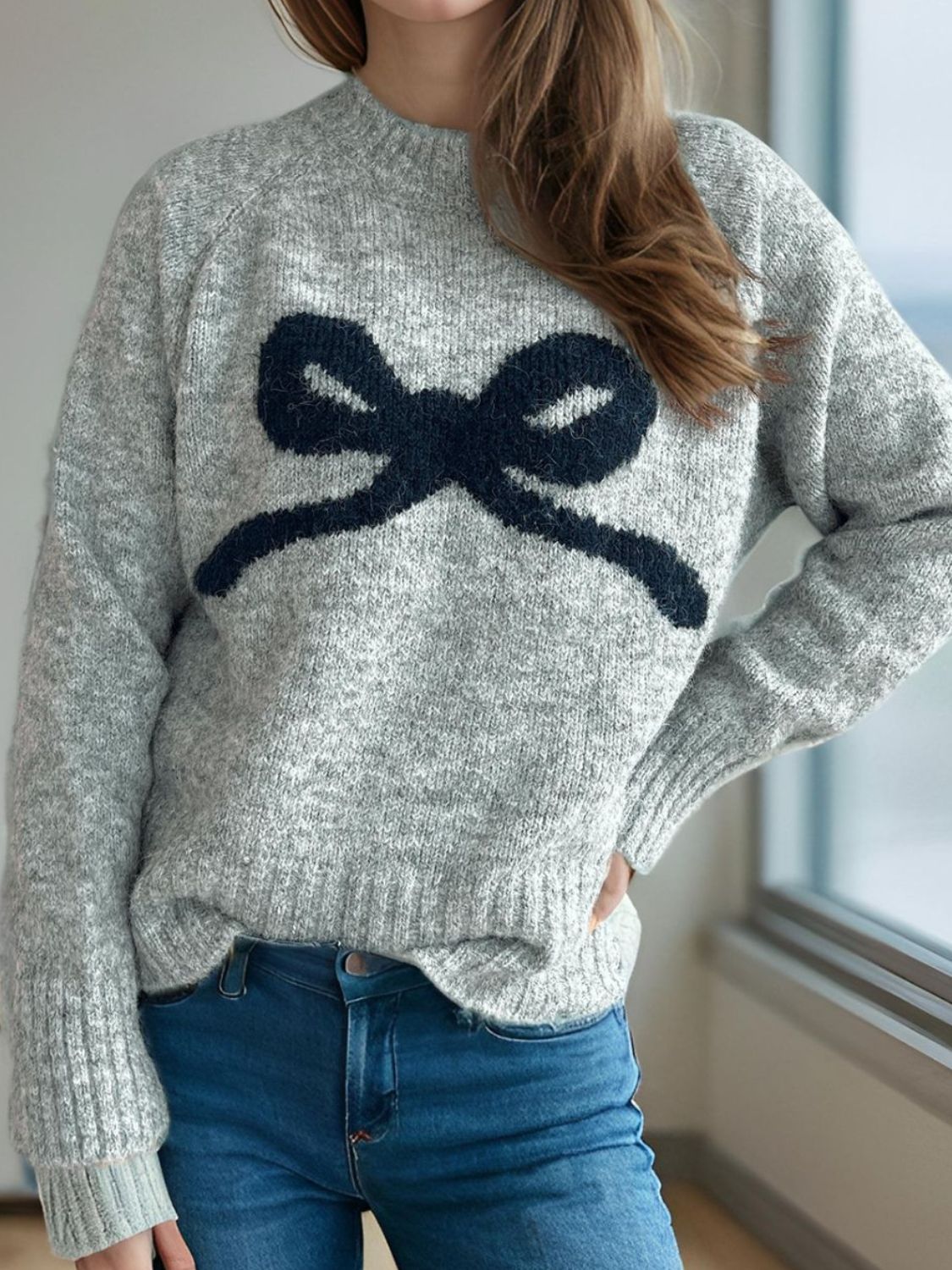 WestCloset Bow Round Neck Long Sleeve Sweater
