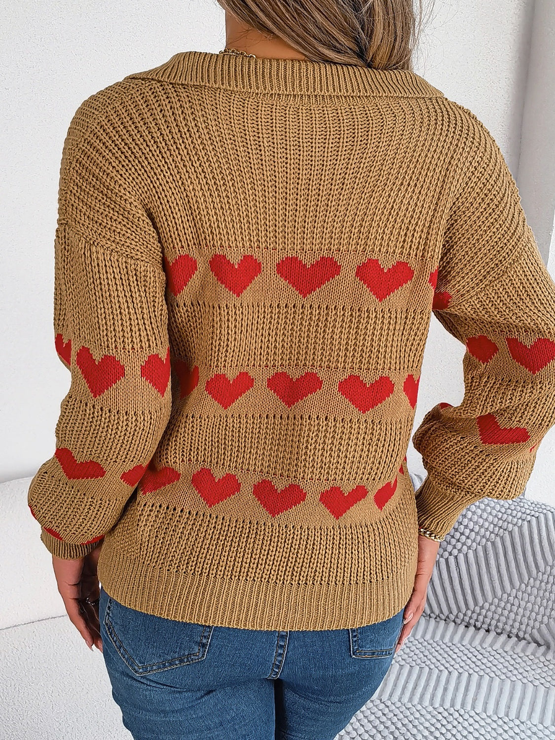 WestCloset Heart Johnny Collar Long Sleeve Sweater