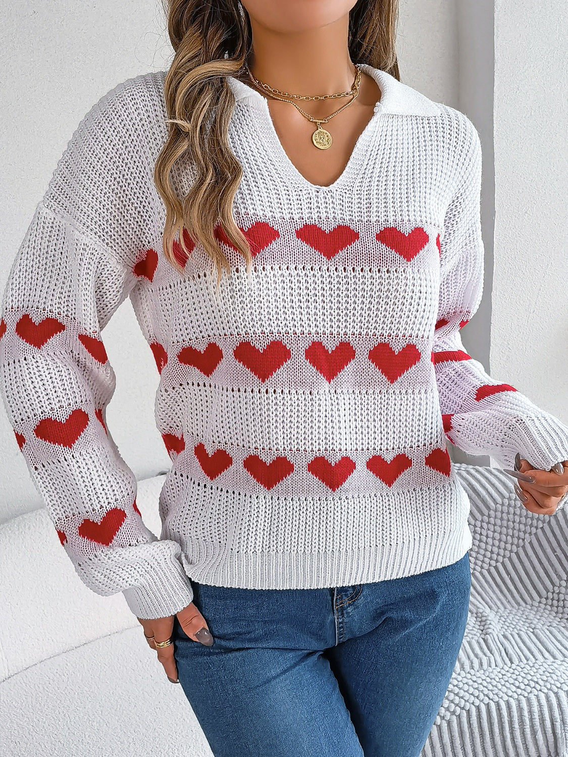 WestCloset Heart Johnny Collar Long Sleeve Sweater