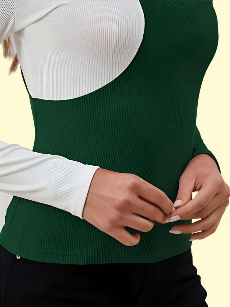 dual tone contrast mock neck long sleeve top