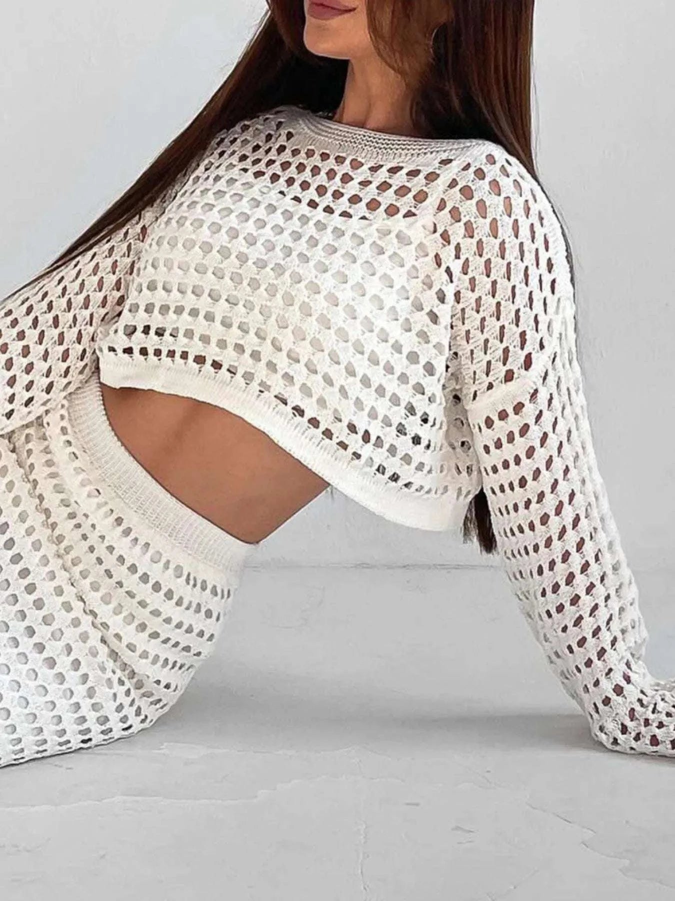 Hollow Out Long Sleeve Top and Skirt Knit Set WESTCLOSET