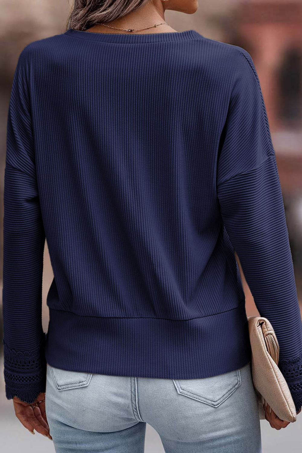 WestCloset Lace Detail V-Neck Long Sleeve T-Shirt