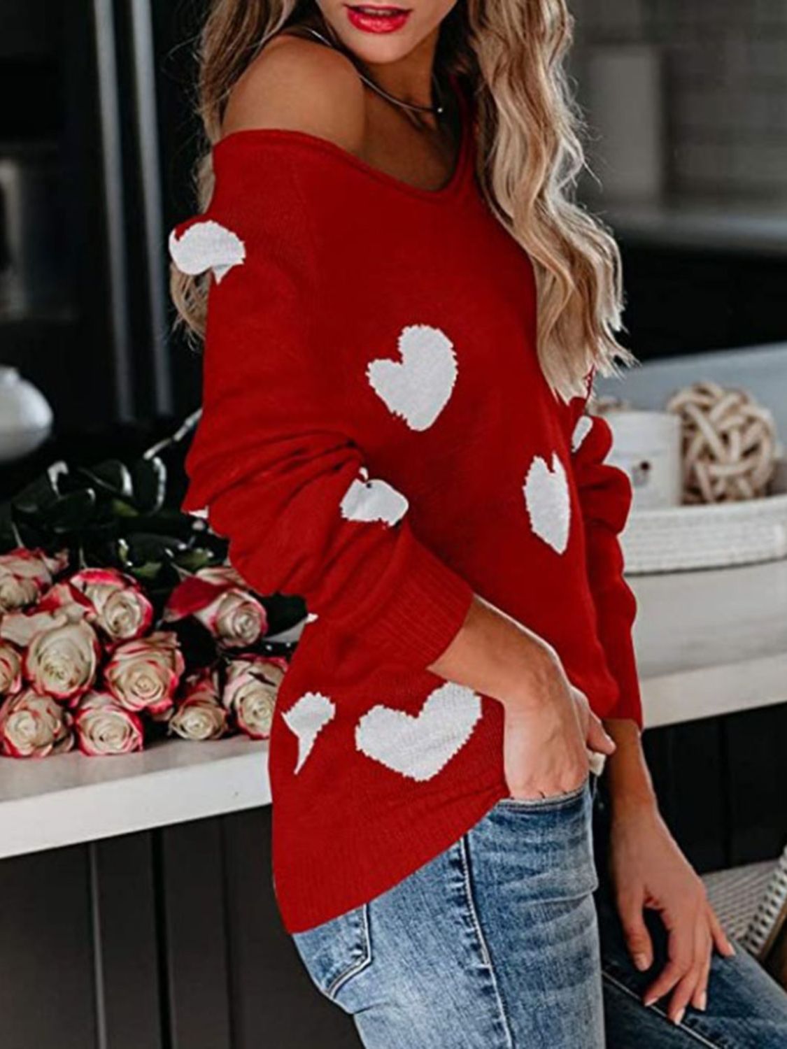 WestCloset Heart Scoop Neck Long Sleeve Sweater