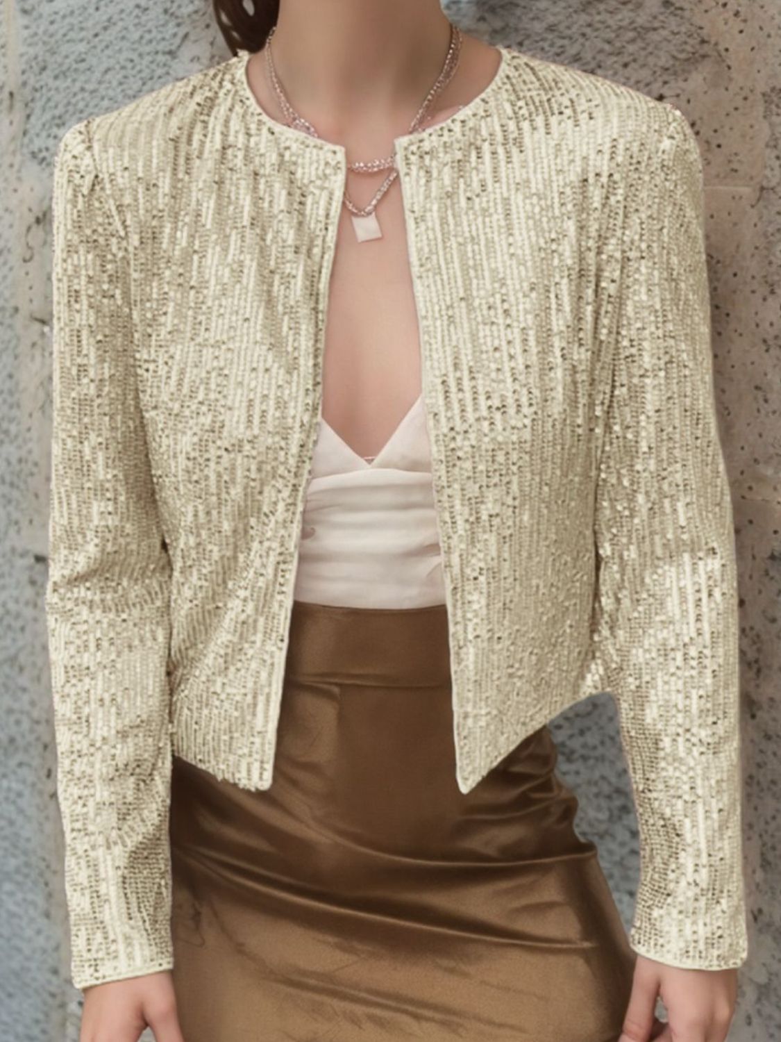 WestCloset Full Size Sequin Open Front Cropped Jacket