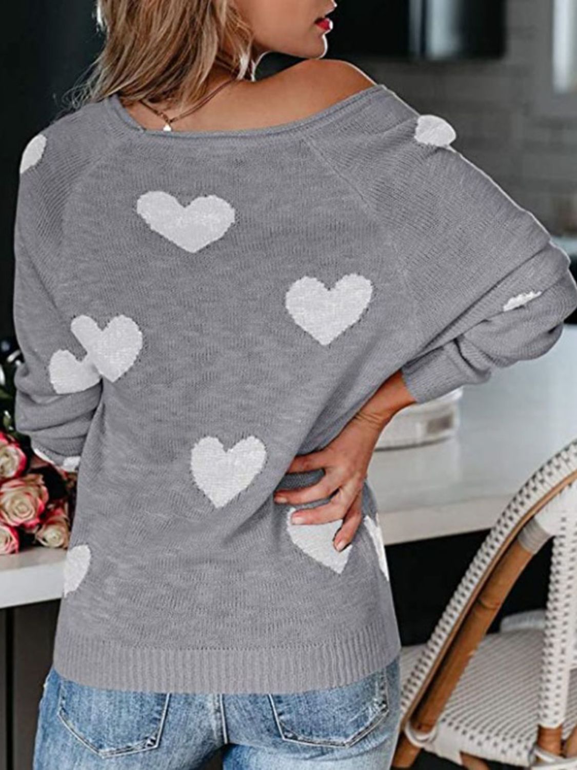 WestCloset Heart Scoop Neck Long Sleeve Sweater