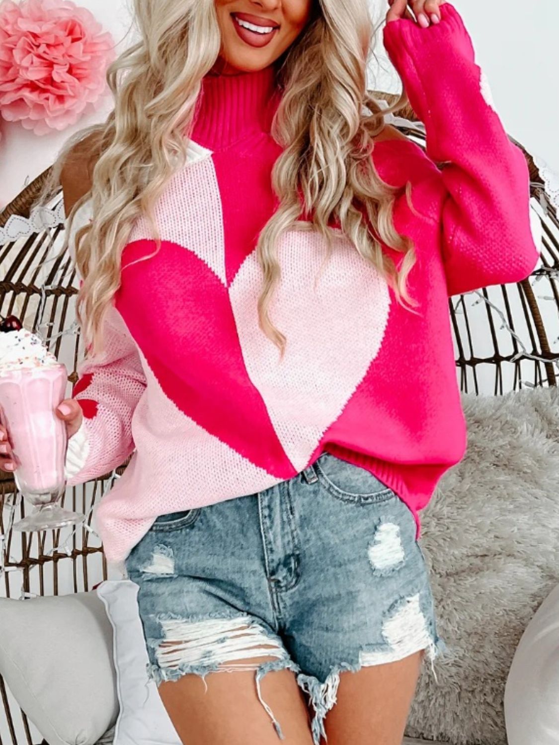 WestCloset Valentine's Day Heart Turtleneck Cold Shoulder Sweater