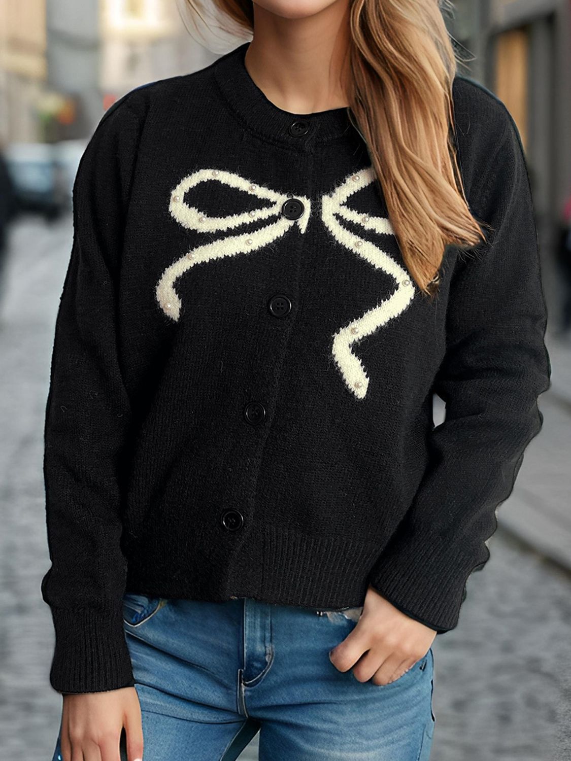 WestCloset Bow Button Down Round Neck Cardigan