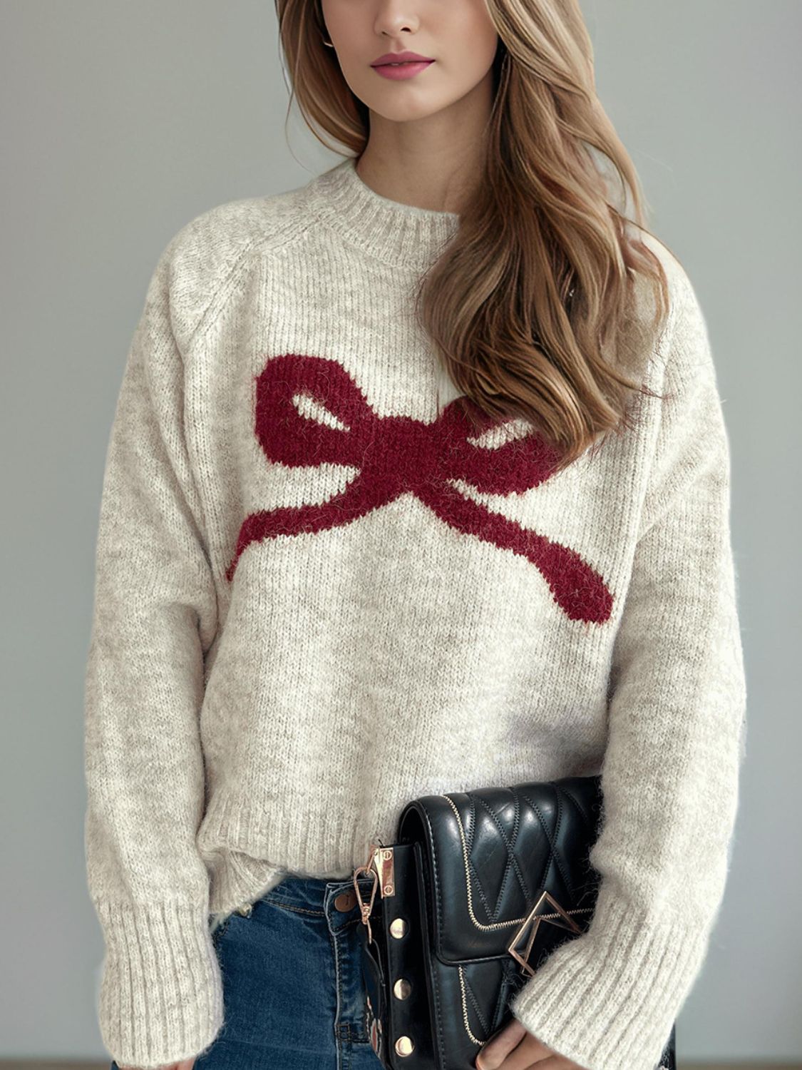 WestCloset Bow Round Neck Long Sleeve Sweater
